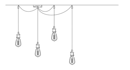 Wall Mural - Continuous line lamps and Edison bulbs. One single line drawing of modern loft chandelier with lightbulbs in lineart style. Minimalist design background Horizontal vector illustration. Place for text