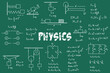 Exercises, physics formulas and equations, uniform rectilinear motion, statics, electromagnetism, electrical circuits, friction force, energy, angular velocity, with green chalkboard background