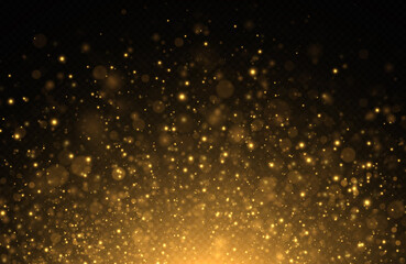 Sticker - Glowing background of sparkles particles. Blurred bokeh twinkle on transparent background. Golden glitter light effect.