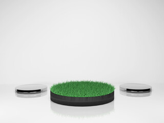 Modern Grass field Pedestal with two silver metallic podiums on white background. Minimal scene for product showcase or skincare advertising. 3D Rendering. 