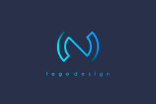 Simple Initial Letter N Logo. Blue Circular Rounded Line Infinity Style Isolated On Blue Background. Usable For Business And Technology Logos. Flat Vector Logo Design Template Element.