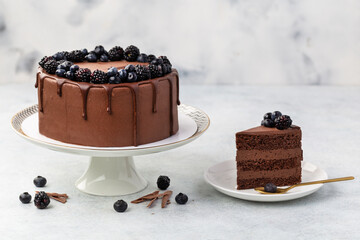 Wall Mural - Chocolate cake with fresh berries and sour cream on a white background.