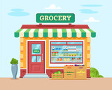 Fototapeta Panele - Grocery store building. Shop, market or supermarket. Vector illustration in flat style