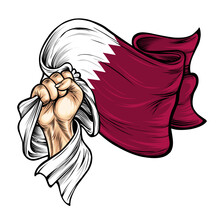 Vector Illustration On The Theme Qatar Independence Day. Hands With Qatar National Flags. Vector Of The National Flag Of Qatar