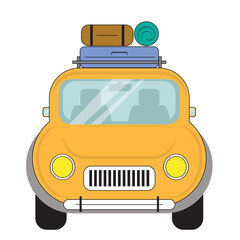 Cartoon style of vintage style yellow car with luggages for road trip traveling with isolated on a white background.