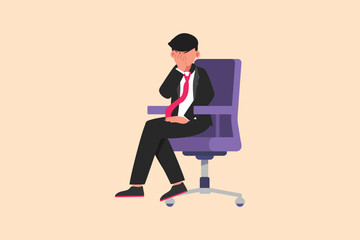 Wall Mural - Business design drawing sad depressed businessman sitting on chair thinking about finding money for paying bills during crisis. Financial problem and bankruptcy. Flat cartoon style vector illustration