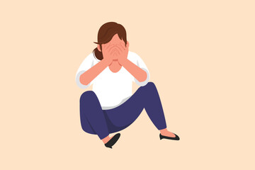 Wall Mural - Business design drawing sad depressed businesswoman cover her face by hands and sitting on the floor. Depression disorder, sorrow, sick, disappointment symptom. Flat cartoon style vector illustration