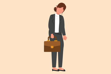 Sticker - Business flat cartoon style drawing depressed businesswoman looking down, holding briefcase. Woman having mental pressure stress. Bankruptcy on economic recession. Graphic design vector illustration