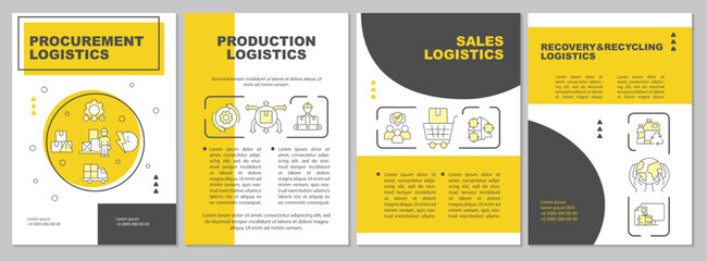 Logistic fields yellow brochure template. Supply chain. Leaflet design with linear icons. Editable 4 vector layouts for presentation, annual reports. Arial, Myriad Pro-Regular fonts used