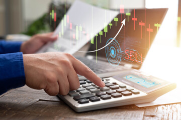 Wall Mural - Businessman accountant or financial expert analyze business report graph and finance chart at corporate office. Concept of finance economy, banking business and stock market research. Digital Assets.