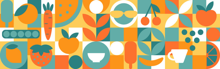 Food - set of geometric shapes, circles and squares drawn in flat cartoon vector. Fruits and vegetables in the modern trendy style of the 70s - apple, orange, lemon, cherry and peas.