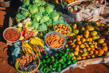 fruit and vegetable market in africa. colorful healthy ingredients from the farm or from nature at t