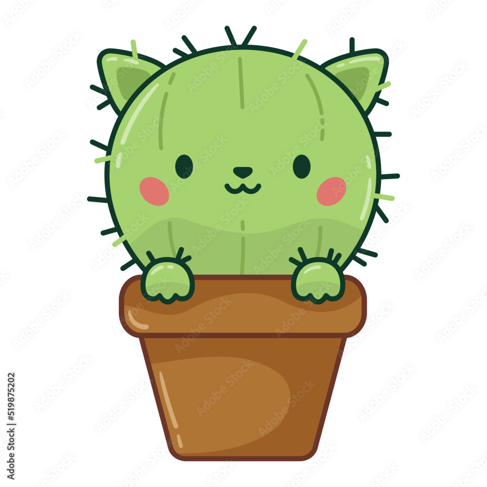 Stock-Vektorgrafik Cute kawaii cat cactus in a flowerpot on white  background. Cartoon anime style. Doodle plants. Vector illustration for  stickers, greeting cards, logo and banners. | Adobe Stock