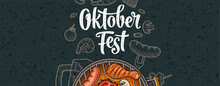 Horizontal Poster To Oktoberfest Festival. Vintage Color Vector Engraving