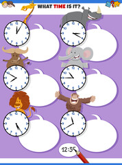 Wall Mural - telling time educational task with cartoon animals