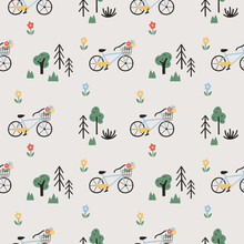Bike And Plants Seamless Pattern