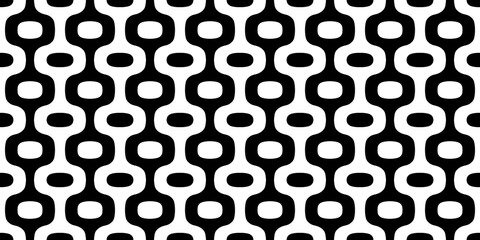 Seamless mid century modern rounded ogee geometric background pattern. Tileable black and white vintage wallpaper bead curtain motif texture. Monochrome greyscale retro wave backdrop..