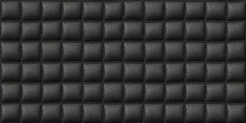  Seamless luxury black leather padded upholstery background texture. Tileable closeup of elegant stiched and quilted vinyl squares pattern, ideal for sofa, headboard or backdrop. 3D rendering..