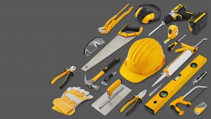 Wall Mural - Construction work tools for building. Yellow hard hat with work equipment isolated on gray background. Layout for home service repair concept or hardware store showcase banner.Top view set of objects