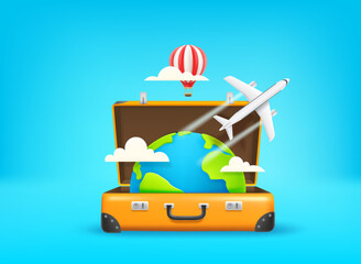 Sticker - Season travel concept with suitcase. 3d vector illustration