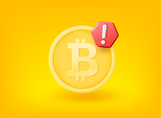 Poster - Golden bitcoin coin with exclamation point. Vector 3d illustration