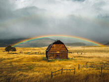 Beautiful Barn Cabin Under A Fall Rainbow In A Golden Field