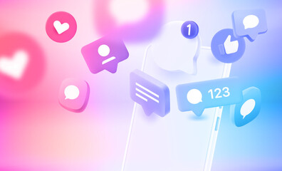 Poster - Flying social media notification and icons with cellphone. 3d vector illustration