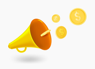Poster - Loudspeaker with dollar coins. 3d vector illustration