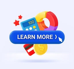 Aufkleber - Learn more button with business icons. 3d vector illustration