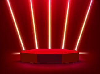 Aufkleber - illuminated interior with red neon lights and podium. 3d vector