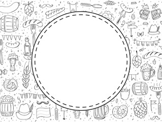 Wall Mural - Oktoberfest 2022 - Beer Festival. Hand-drawn Doodle elements. German Traditional holiday. Round emblem with a pattern of outline elements.