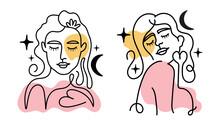 Colored Outline Vector Illustration Set Woman Portrait, Moon, Stars And Heart. Beauty Fashion Female Print Design, Girl Linear Logo Or Icon Boho Self Love Concept Art