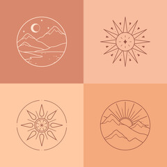 Wall Mural - set of vector linear boho emblems.bohemian logos with lake,sun and sunburst,snowcapped mountains and