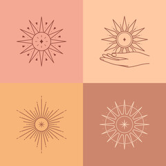 Wall Mural - bundle of vector bohemian logos,icons,symbols with moon,hand holding sun,star and sunburst.boho line