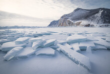 Snowed Ice Blocks Over Frozen Lake