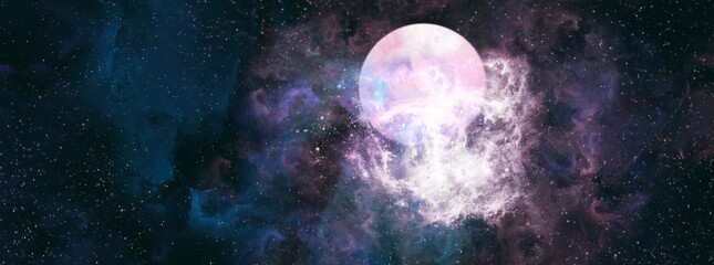 Wall Mural - Space background with realistic nebula and shining stars. Abstract scientific background with nebulae and stars in space. Nebula night starry sky in rainbow colors. Multicolor outer space.