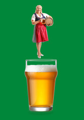 Poster - Collage with mature Octoberfest waitress and big glass of beer on green background