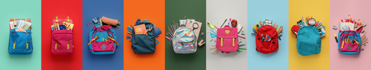 set of school backpacks with stationery on color background