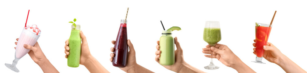 Set of hands with different beverages isolated on white