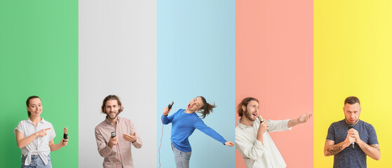 Sticker - Set of different people with microphones on color background