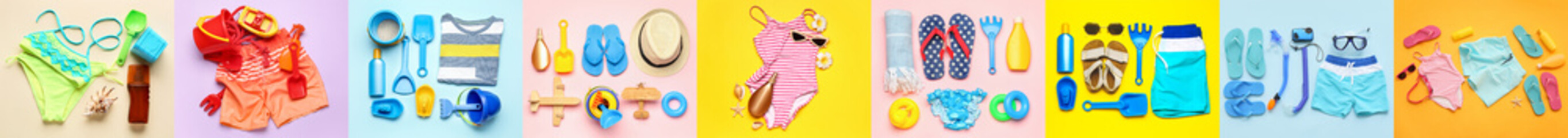 Collage of beach accessories, clothes and toys of little children on color background