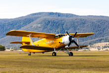 Large Yellow Vintage Biplane Parked On Grass