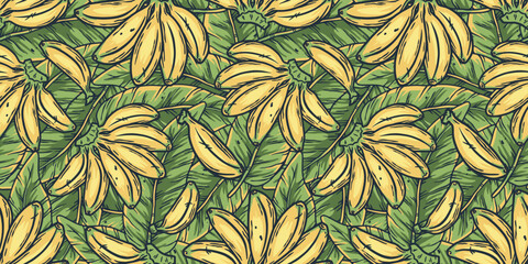 Wall Mural - Banana fruit summer exotic wallpaper design. Seamless bright yellow bananas fruits pattern