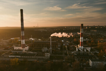 Aerial view of heating plant and thermal power station. Combined modern power station for city district heating and generating electrical power. Vilnius, Lithuania.