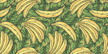 Banana Fruit Summer Exotic Wallpaper Design. Seamless Bright Yellow Bananas Fruits Pattern