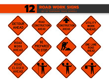 Set Of Isolated Temporary Road Work Symbols On Orange Round Triangle Board Warning Sign For Pictograms, Icon, Label, Logo, Transportation Or Package Industry Etc. Paperwork Flat Style Vector Design.