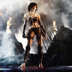 fierce female warrior in a deserted strange land with fire, smoke and cloudy soft focus background