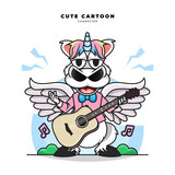 Fototapeta Dinusie - Cute cartoon character of unicorn is playing guitar