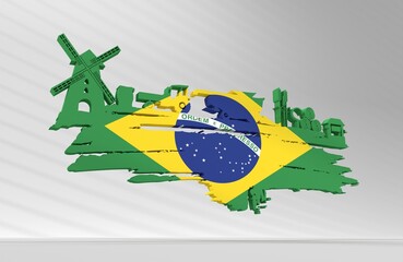 Brush stroke with agricultural icons textured by flag of Brazil. Background for eco products. 3D render