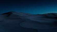 Night Landscape, With Desert Sand Dunes. Surreal Contemporary Background With Blue Gradient Starry Sky